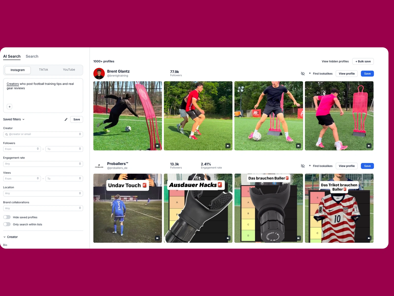 Modash AI search for football creators