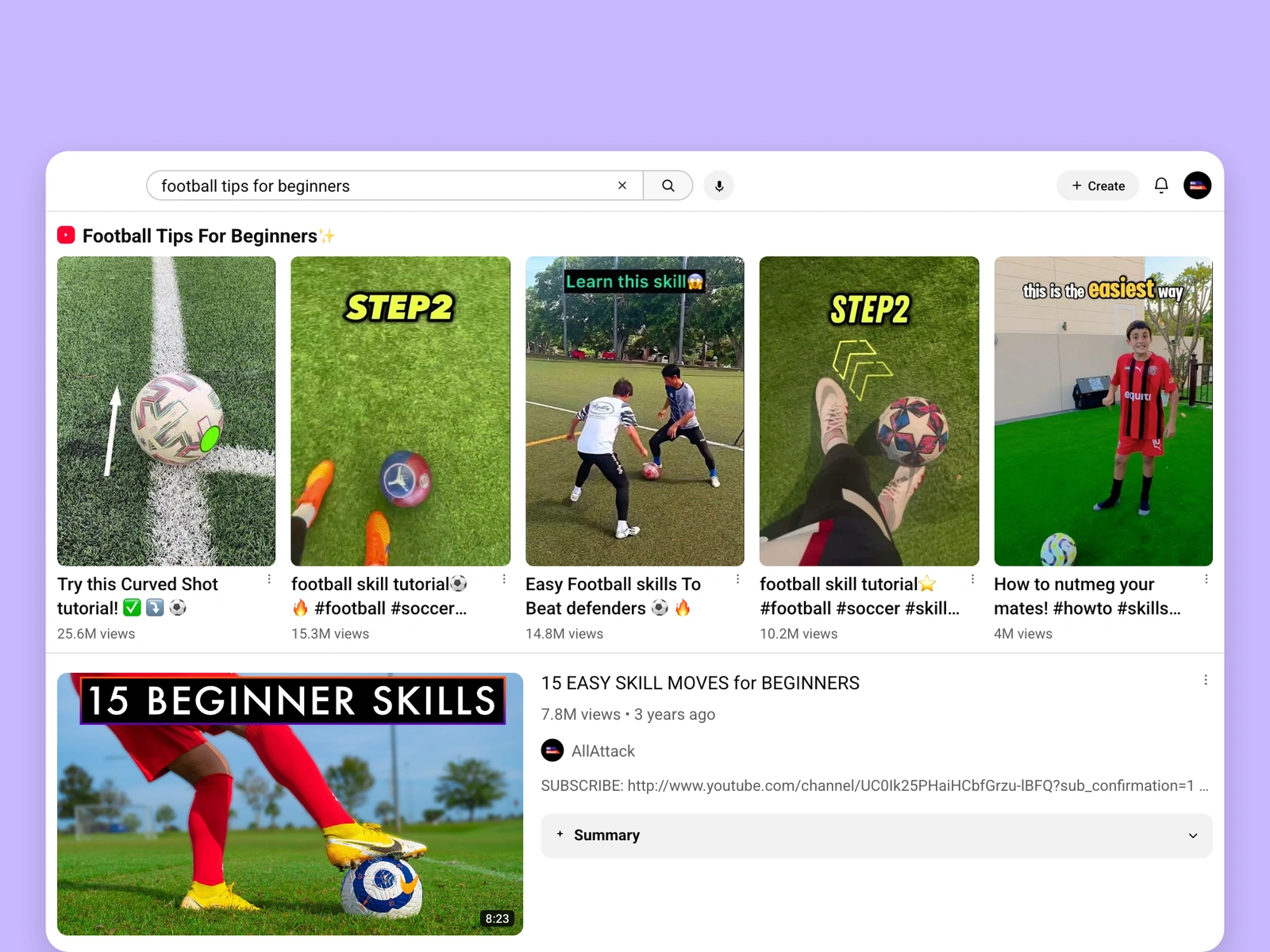 YouTube search results for football videos