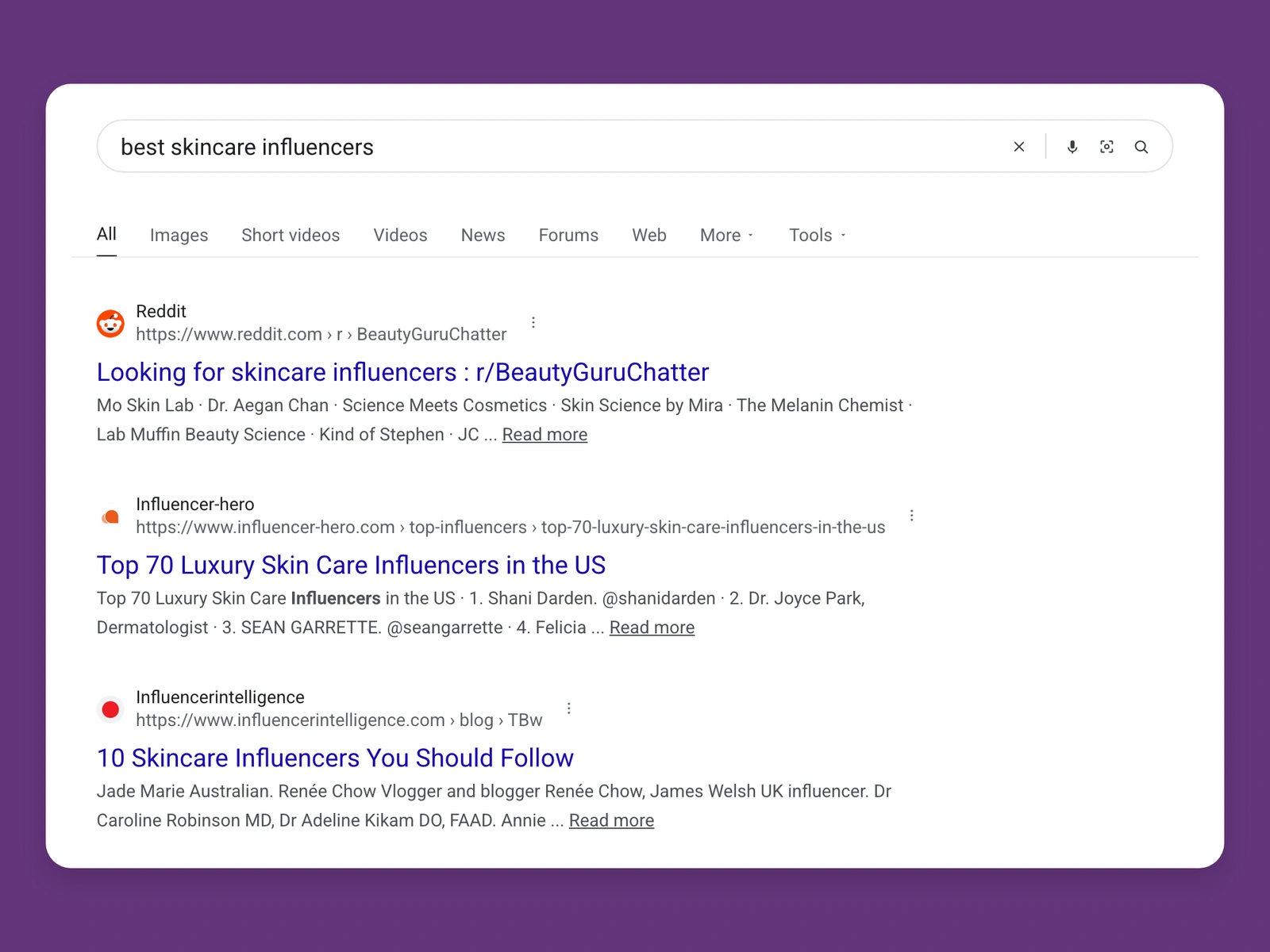 Google results for best skincare bloggers