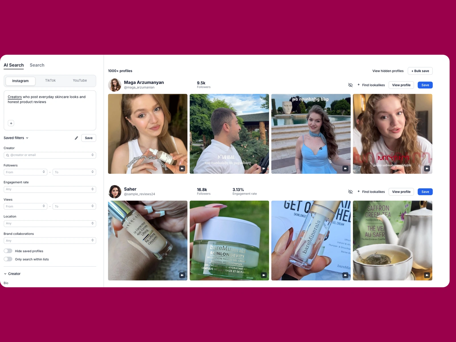 Modash AI search for skincare creators