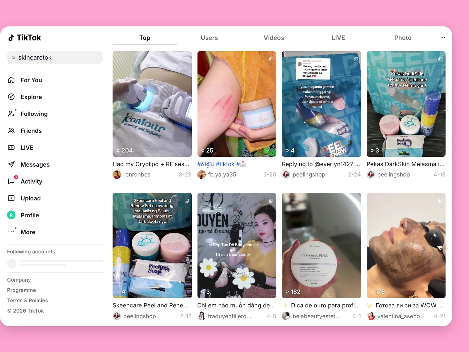 TikTok search results for skincare content