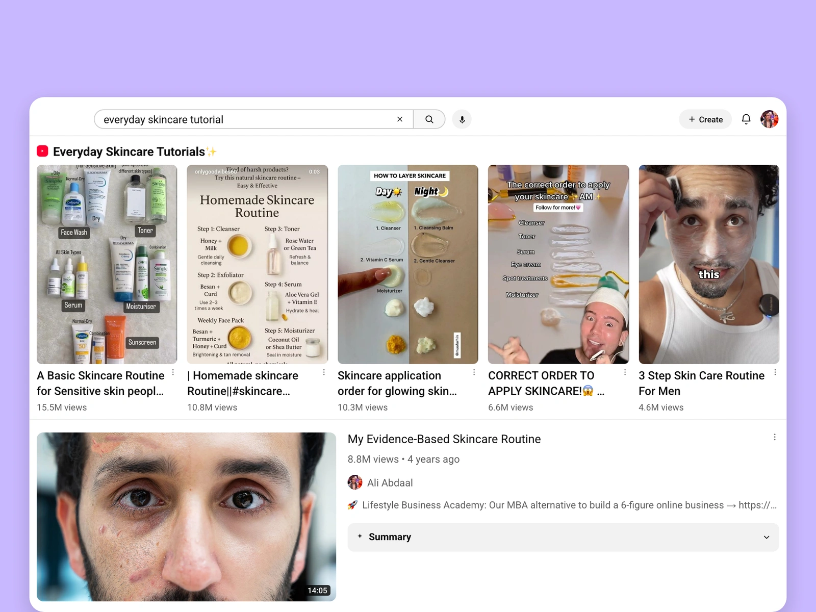 YouTube search results for skincare videos