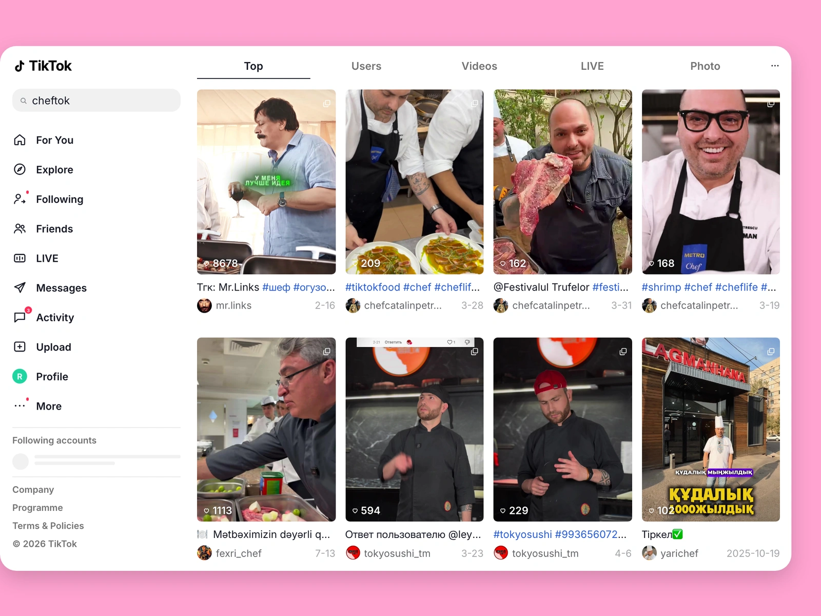 TikTok search results for chef content