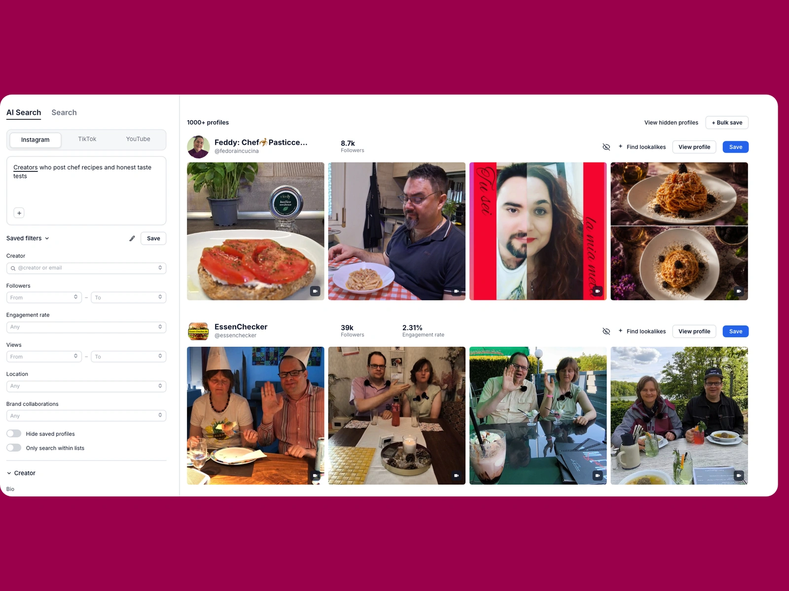 Modash AI search for chef creators