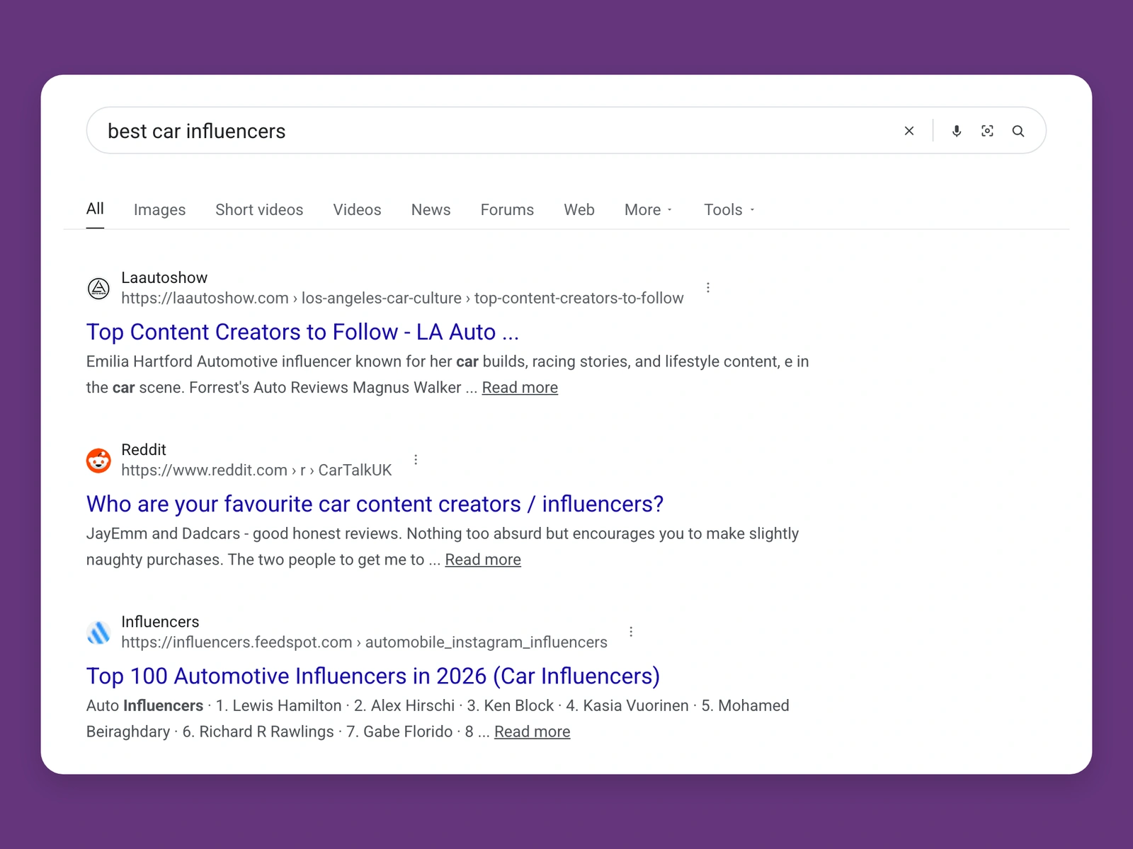 Google results for best car bloggers