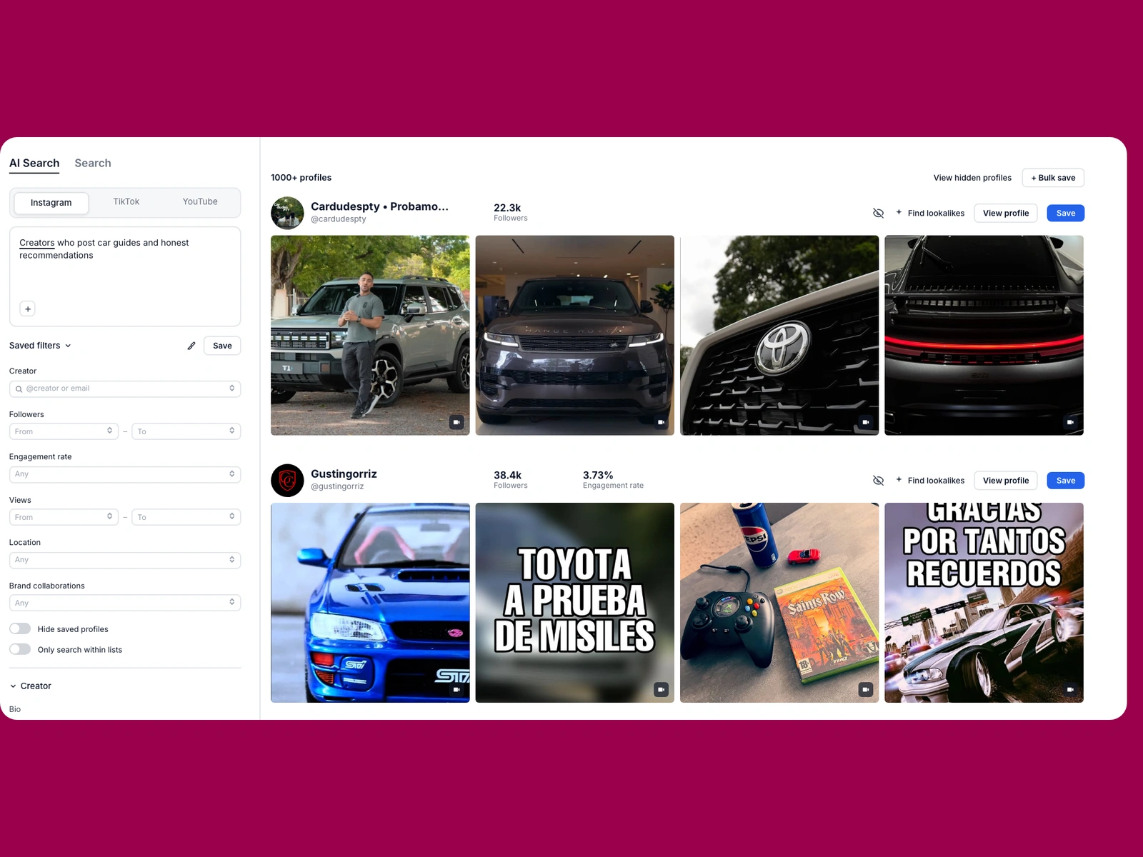 Modash AI search for car creators