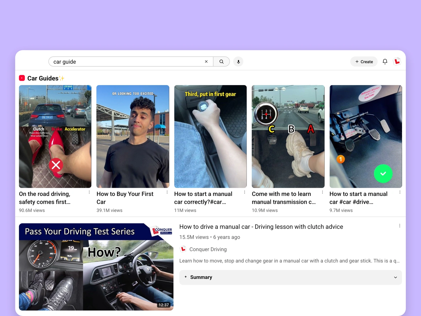 YouTube search results for car videos