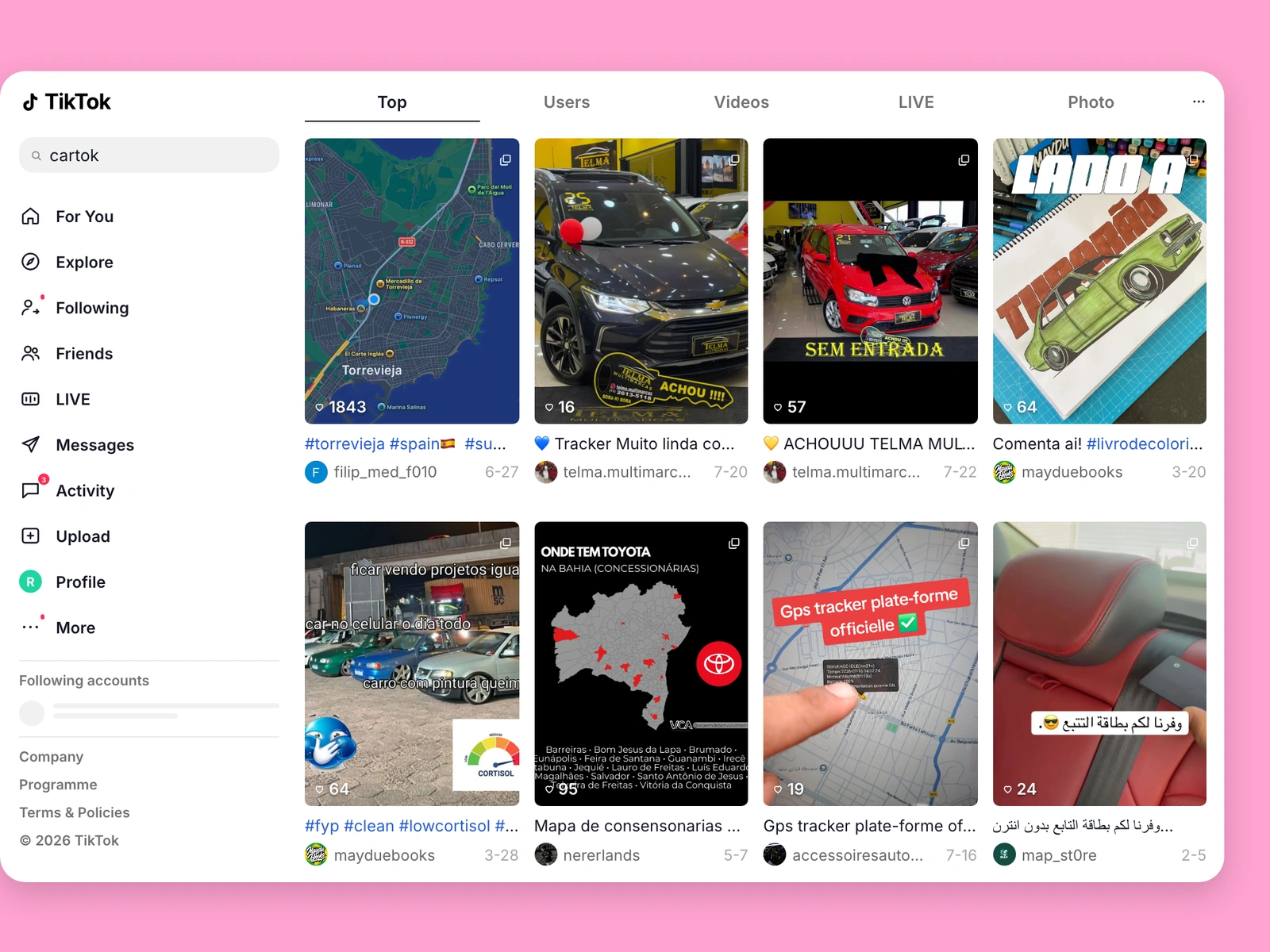 TikTok search results for car content