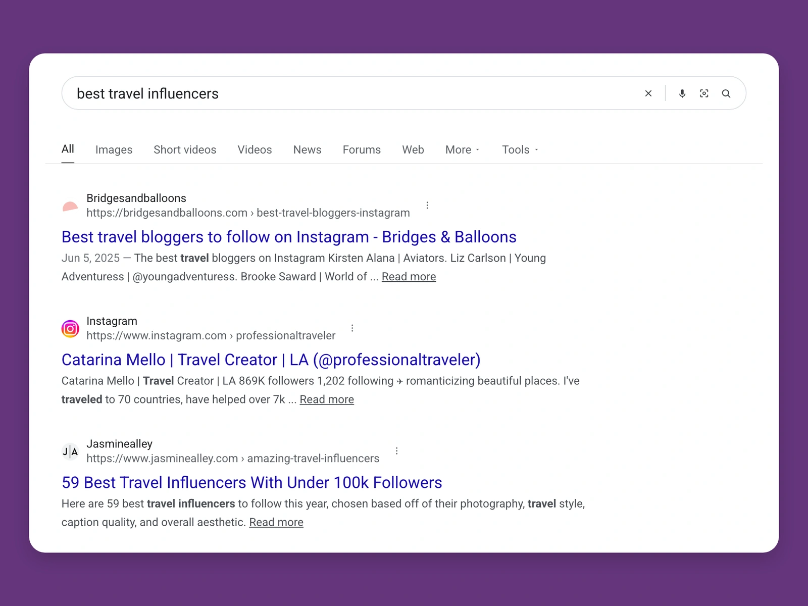 Google results for best travel bloggers