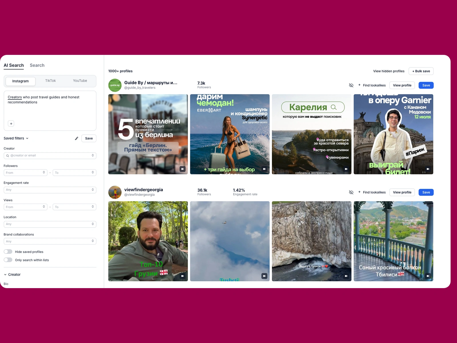 Modash AI search for travel creators