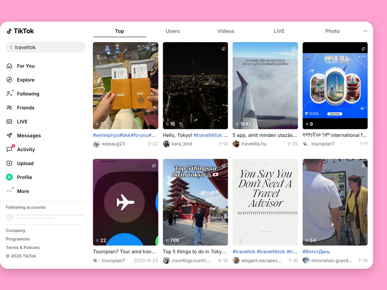 TikTok search results for travel content