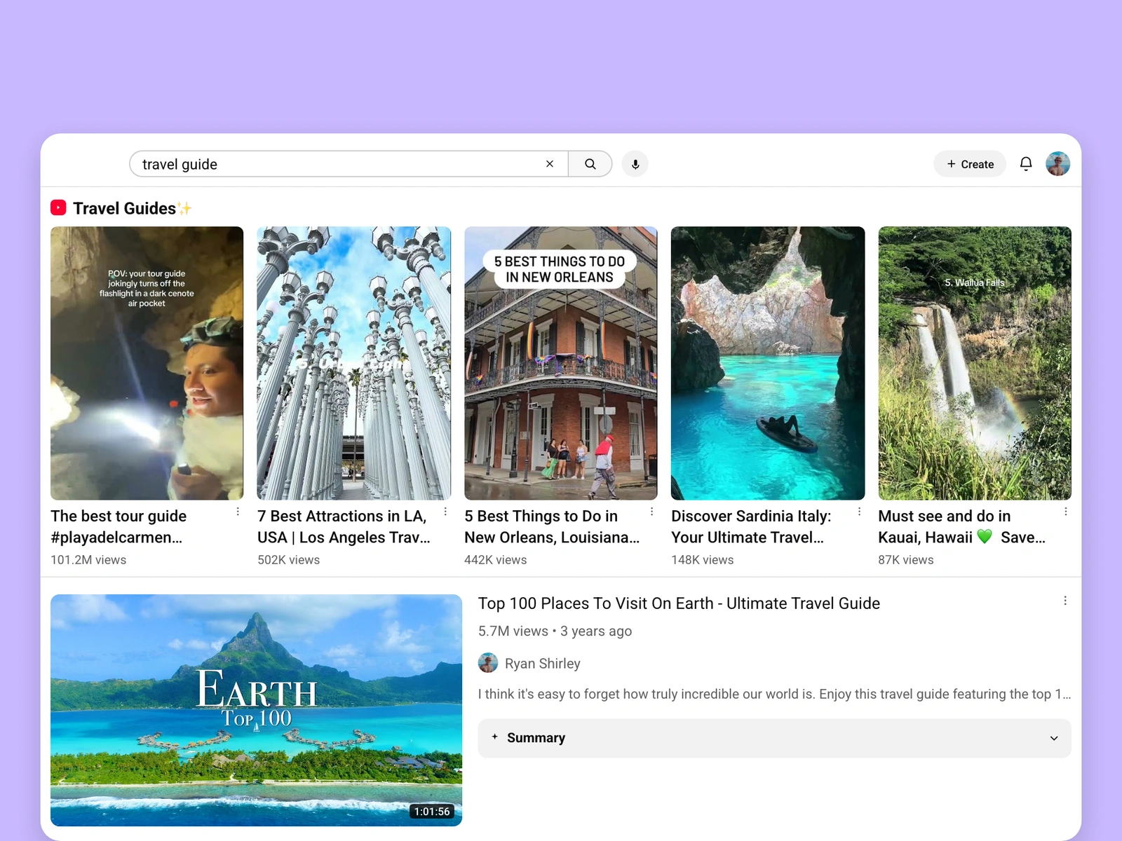 YouTube search results for travel videos