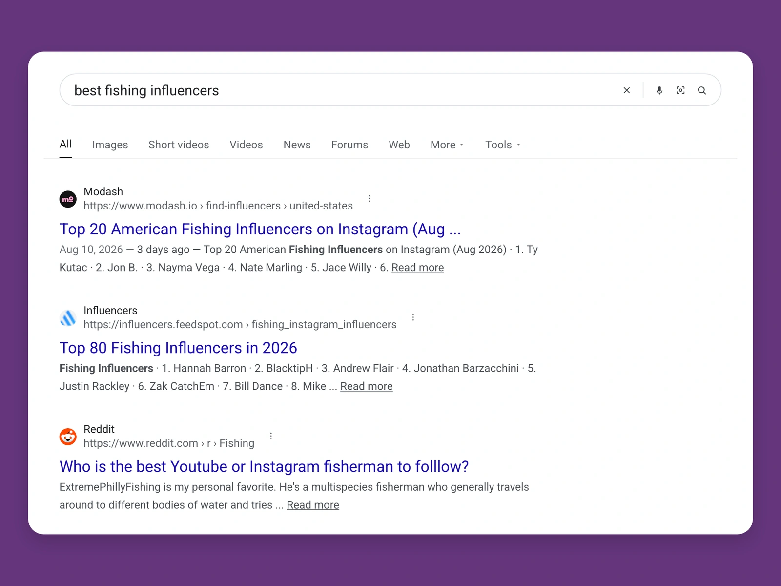 Google results for best fishing bloggers
