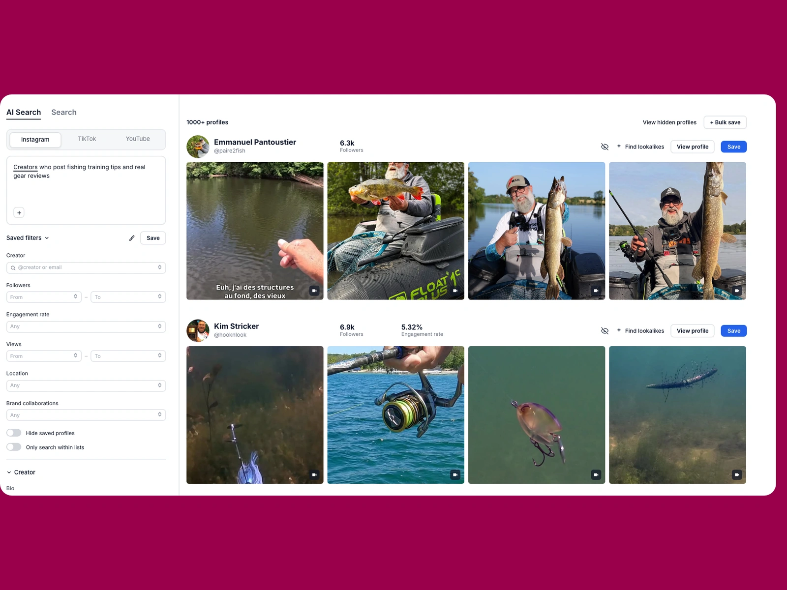 Modash AI search for fishing creators