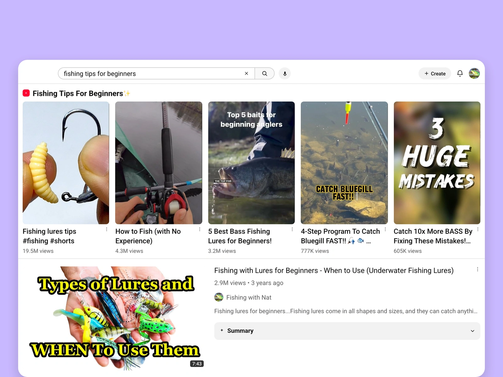 YouTube search results for fishing videos