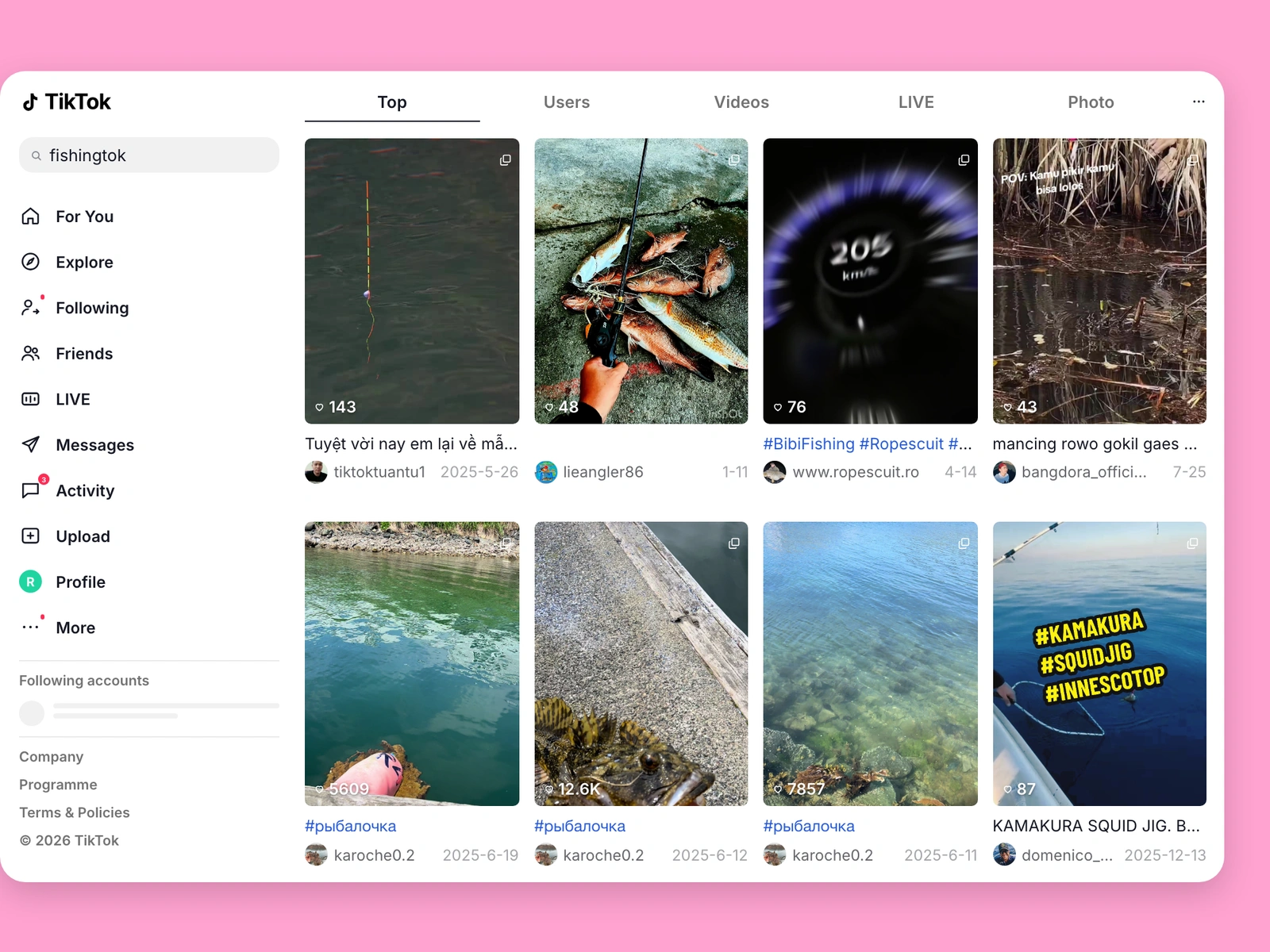TikTok search results for fishing content