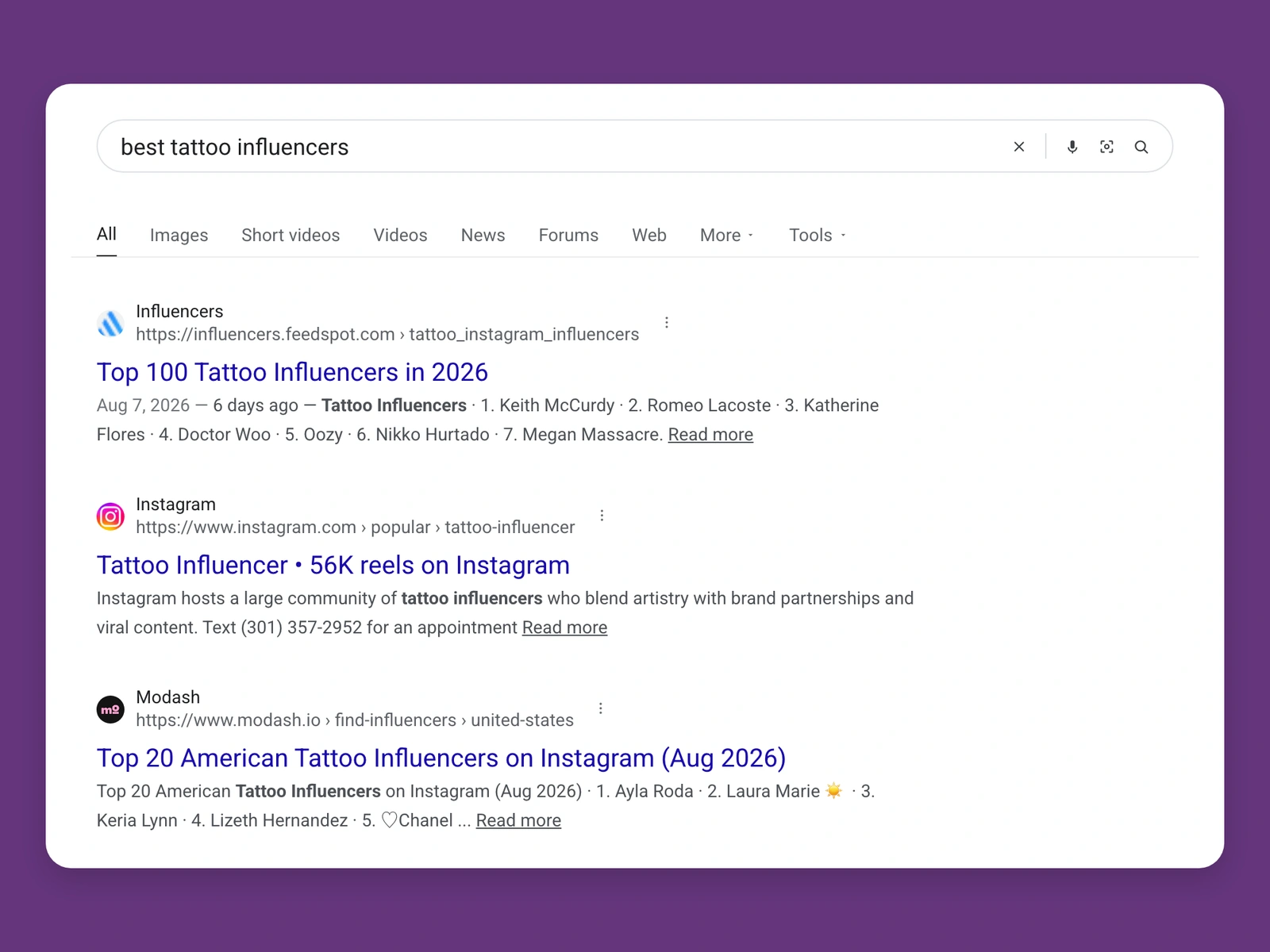 Google results for best tattoo bloggers