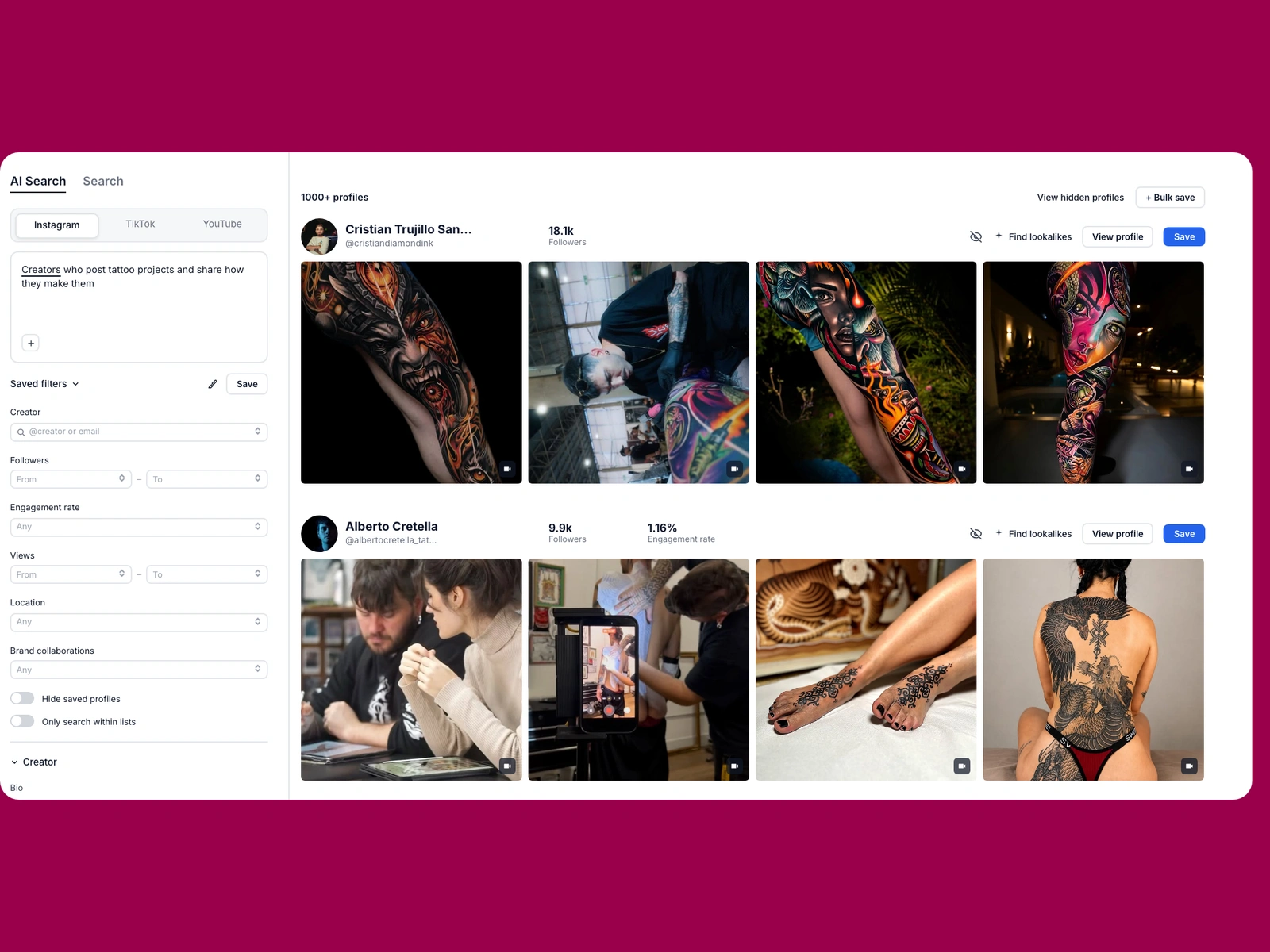 Modash AI search for tattoo creators