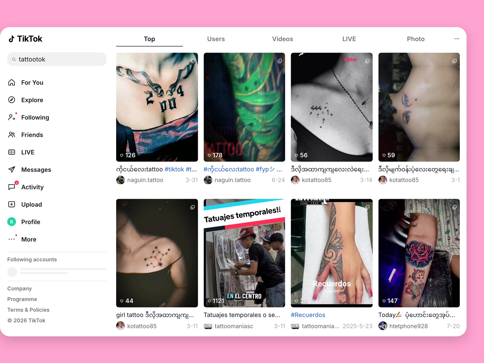TikTok search results for tattoo content