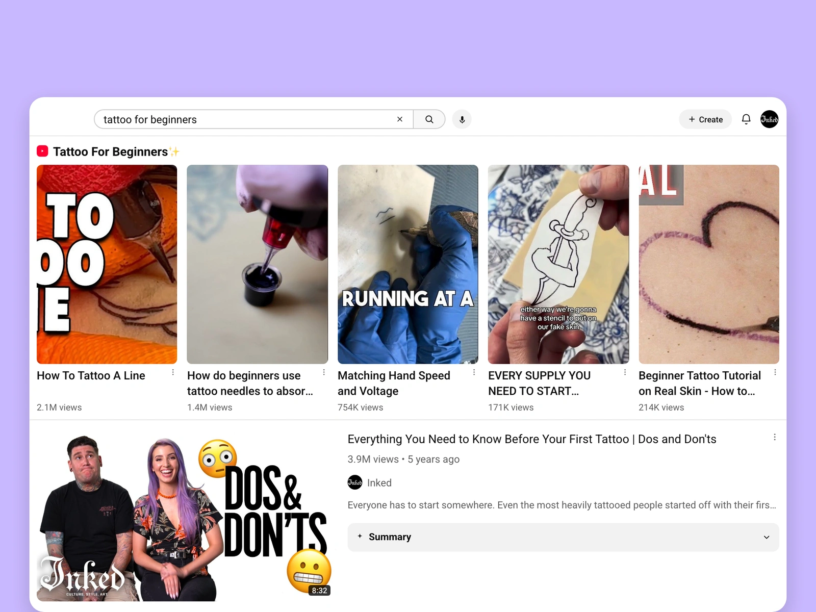 YouTube search results for tattoo videos