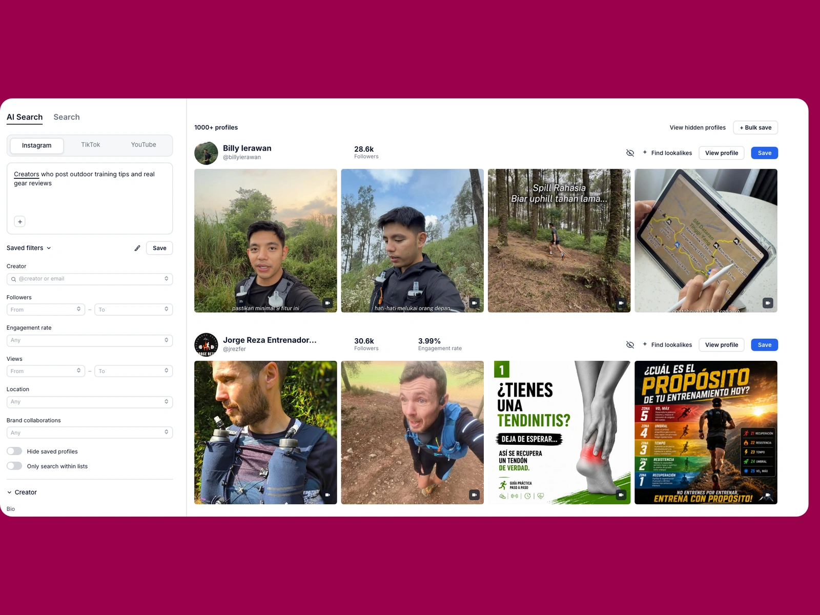 Modash AI search for outdoor creators