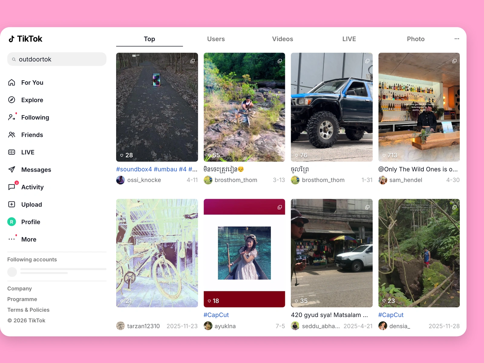 TikTok search results for outdoor content