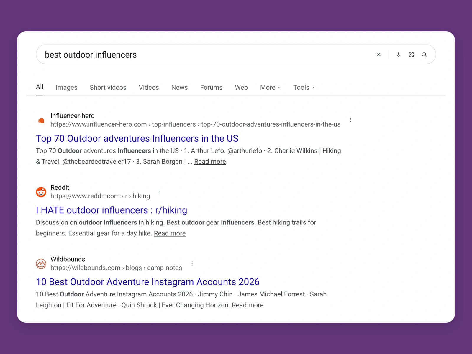 Google results for best outdoor bloggers
