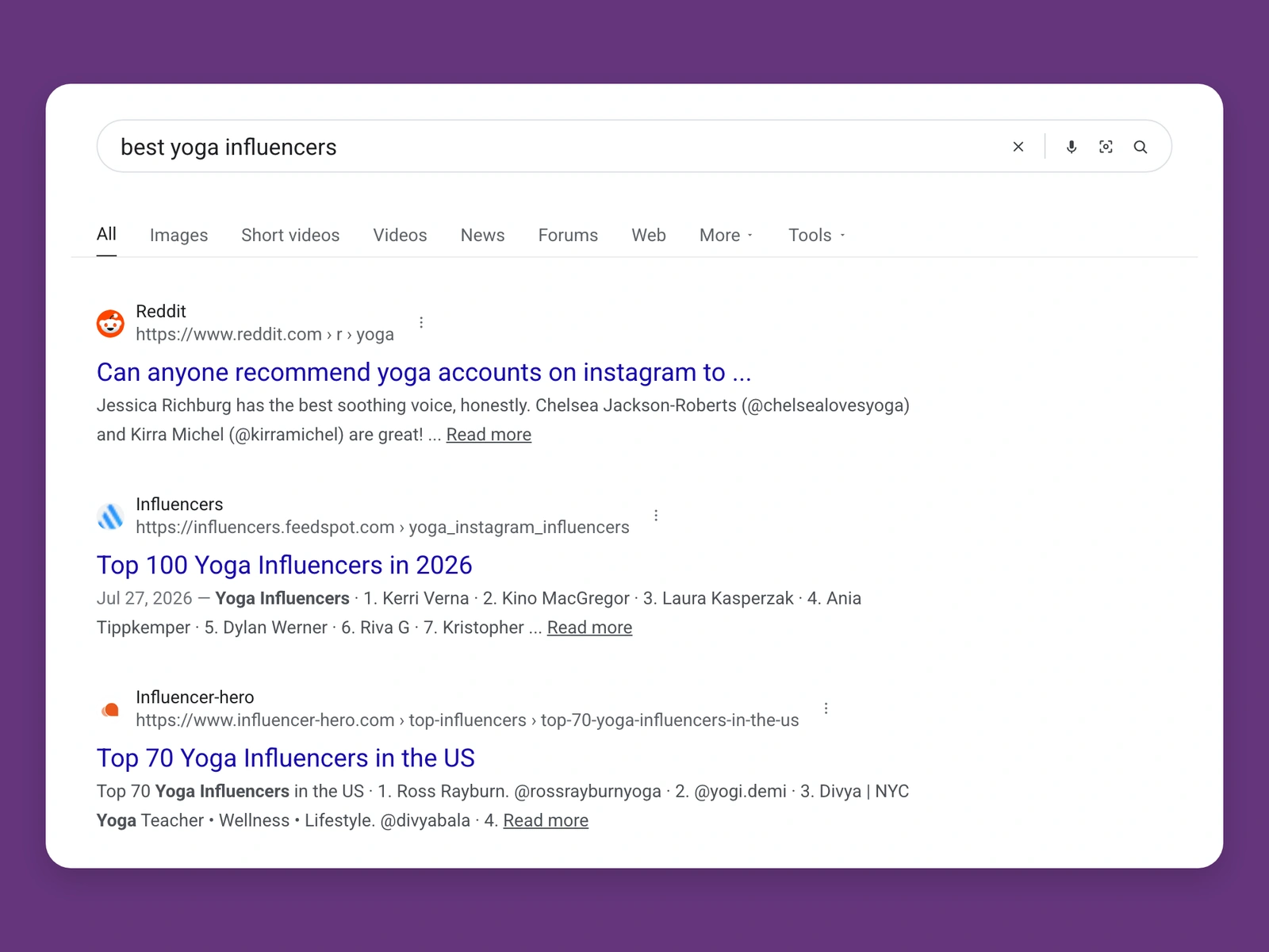 Google results for best yoga bloggers