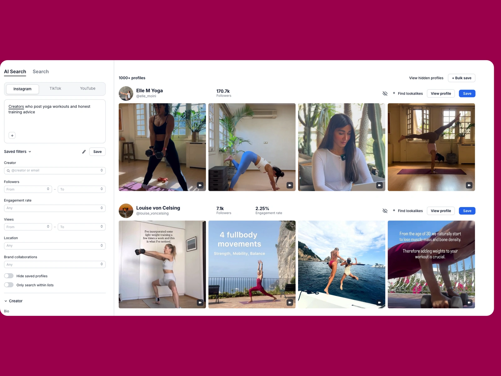 Modash AI search for yoga creators