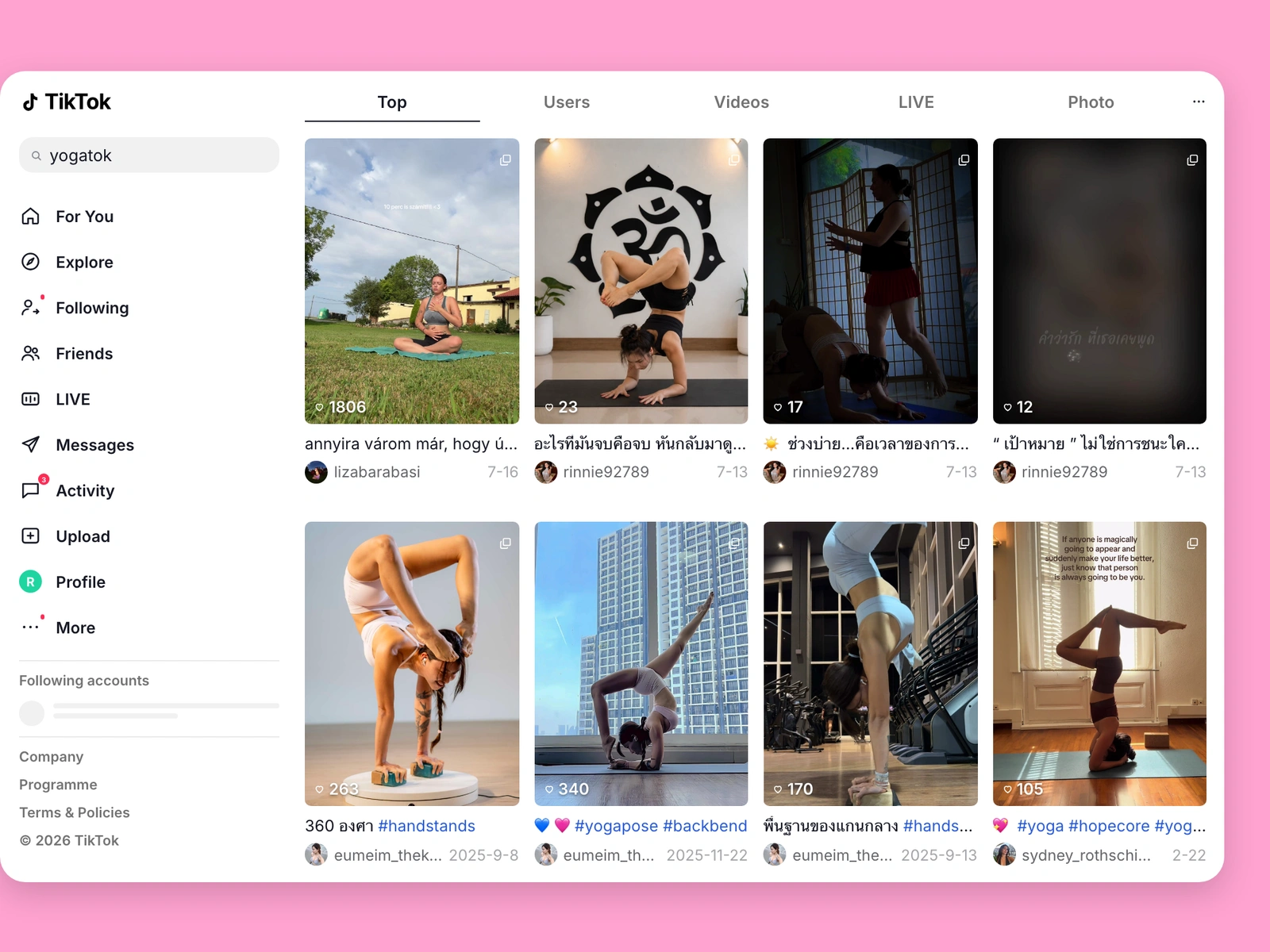 TikTok search results for yoga content