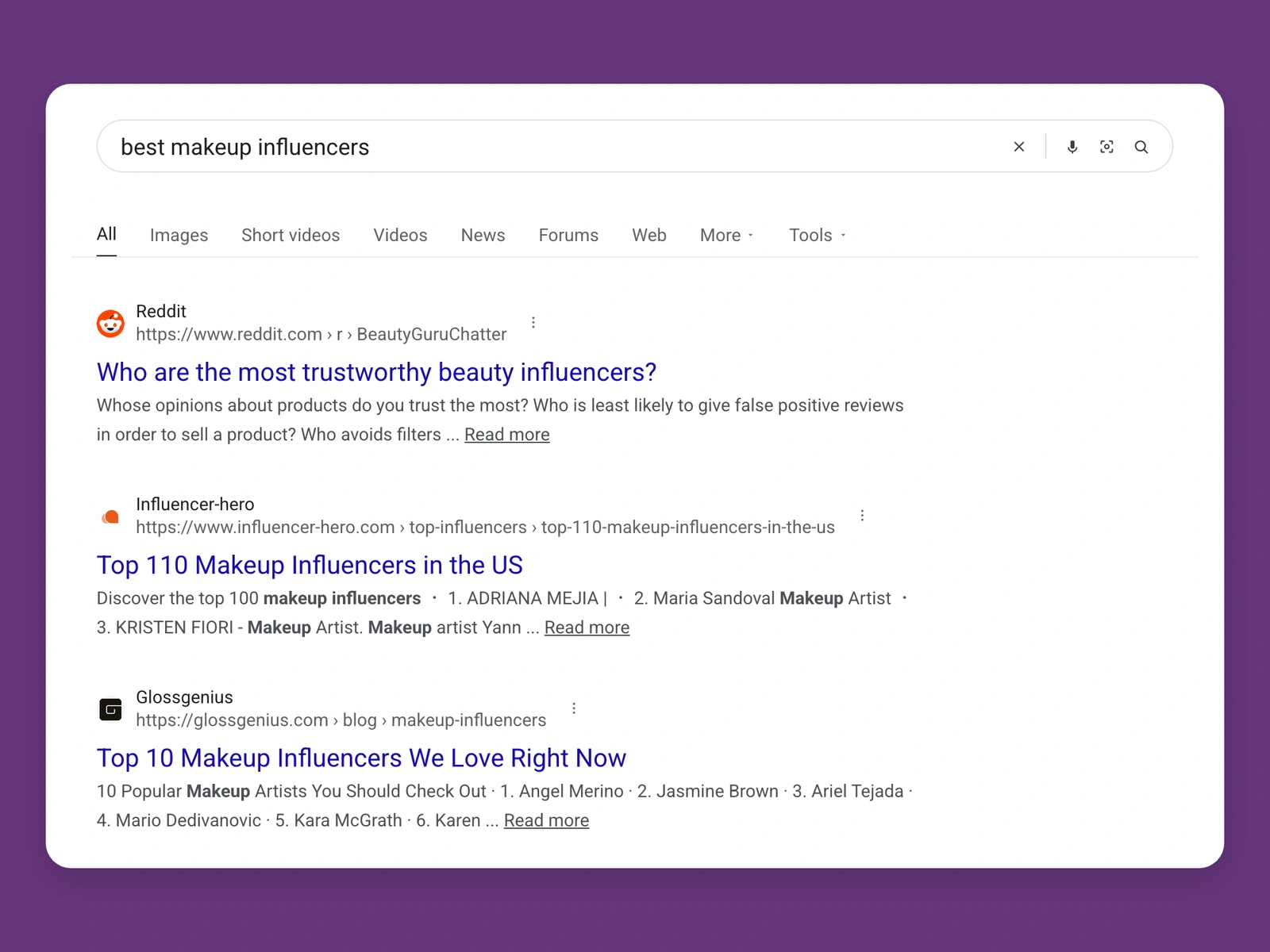 Google results for best makeup bloggers