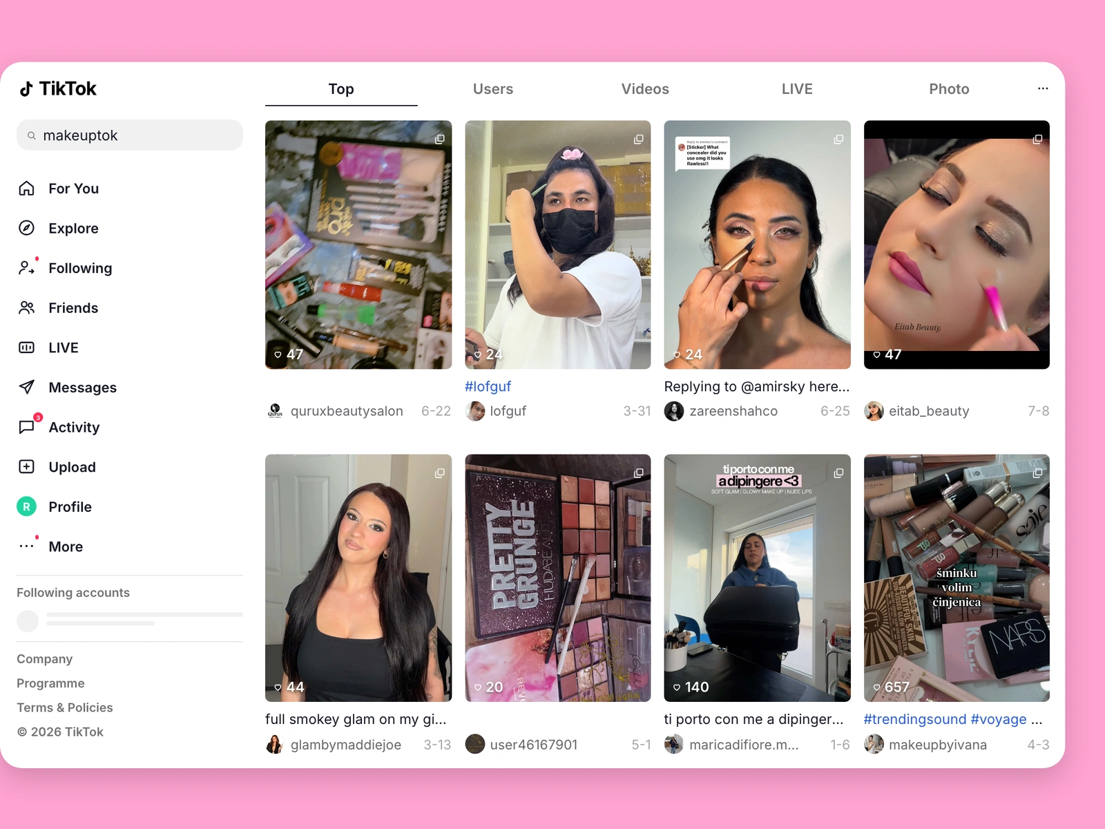 TikTok search results for makeup content