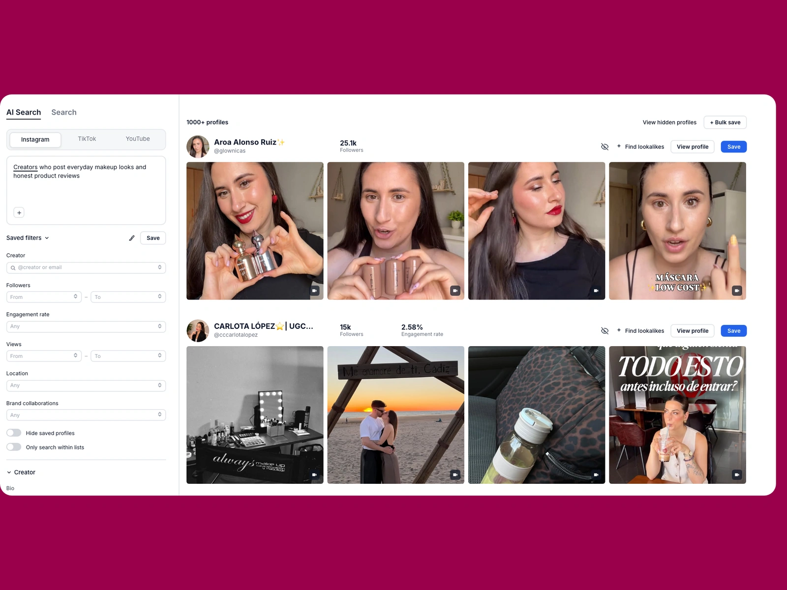 Modash AI search for makeup creators