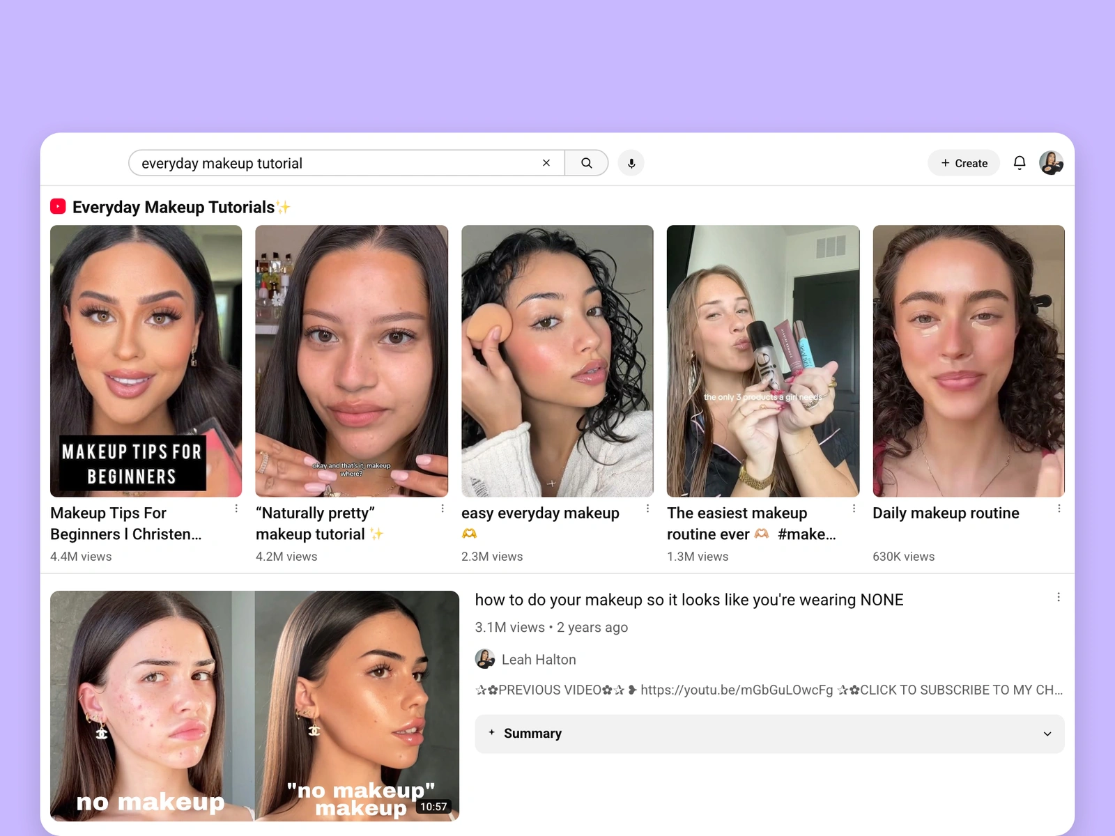 YouTube search results for makeup videos