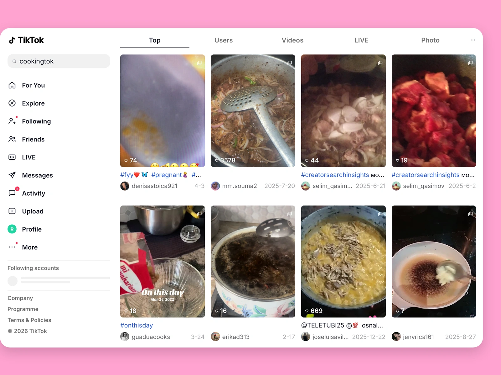TikTok search results for cooking content