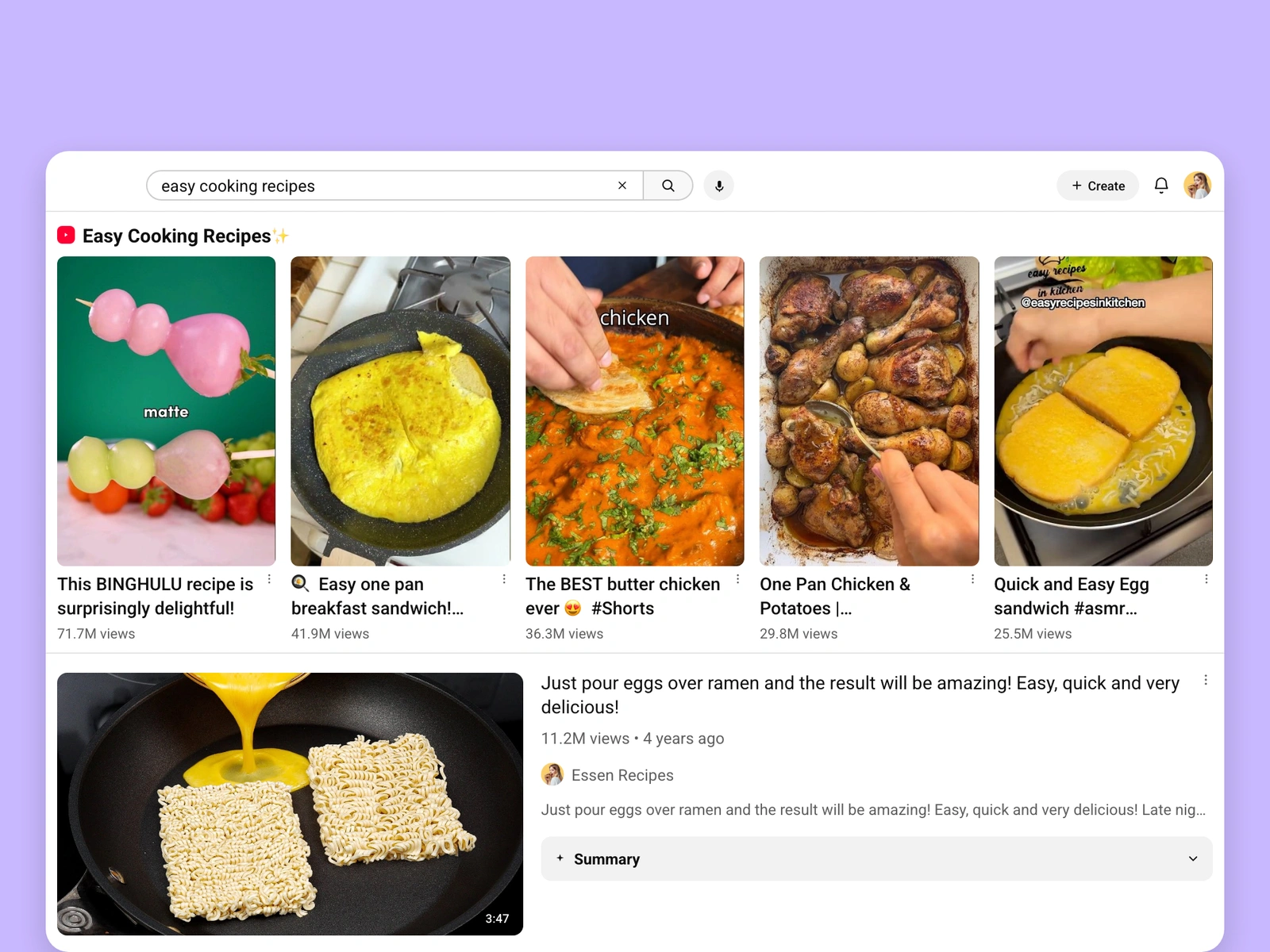 YouTube search results for cooking videos