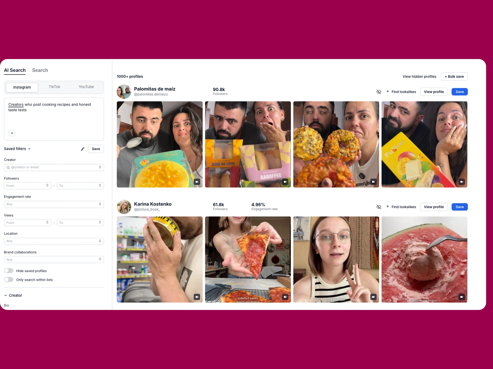Modash AI search for cooking creators