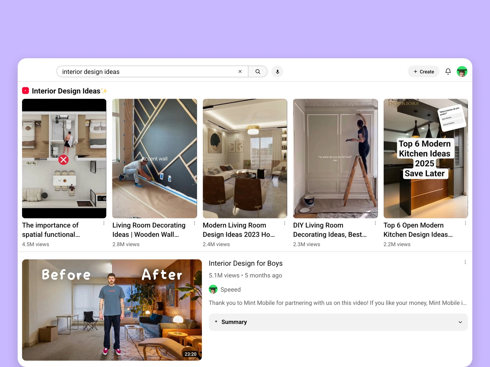 YouTube search results for interior design videos