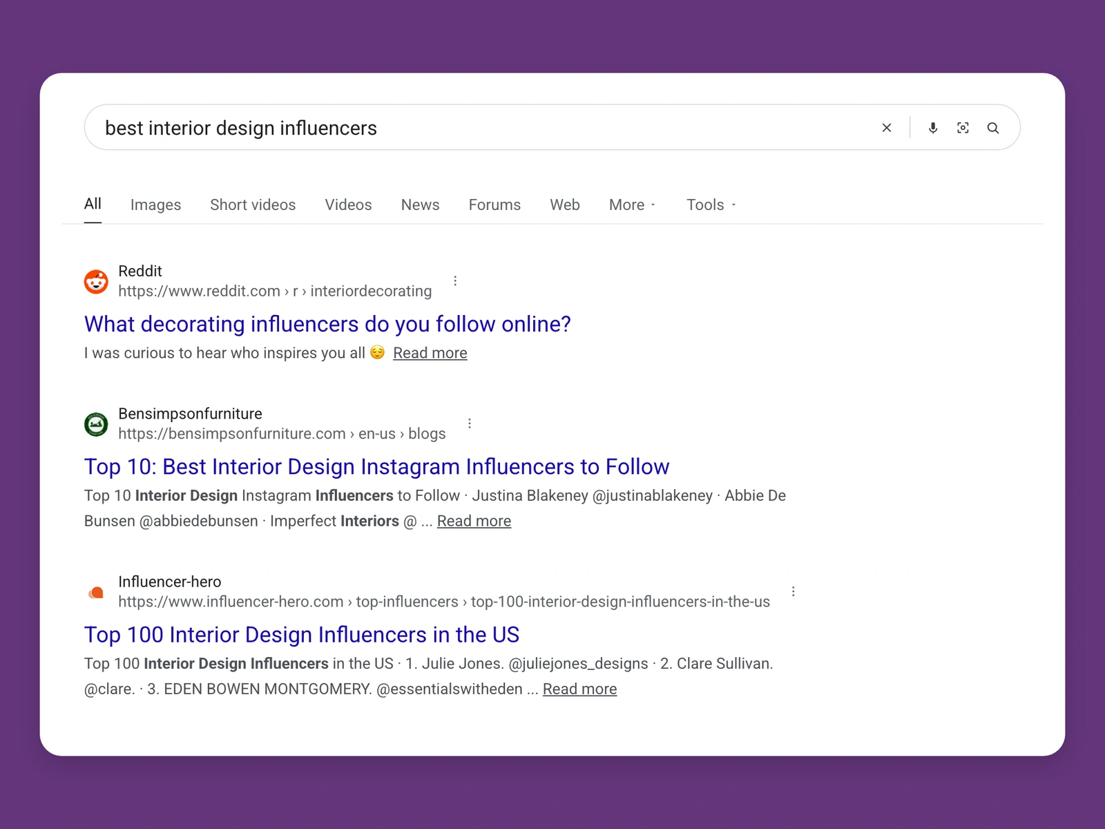 Google results for best interior design bloggers