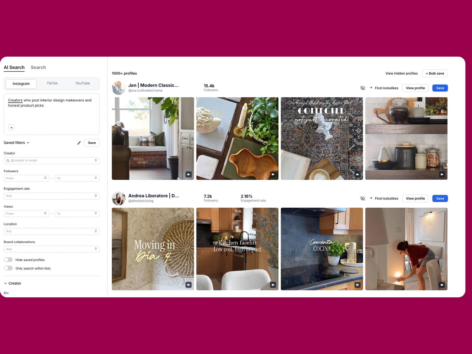 Modash AI search for interior design creators