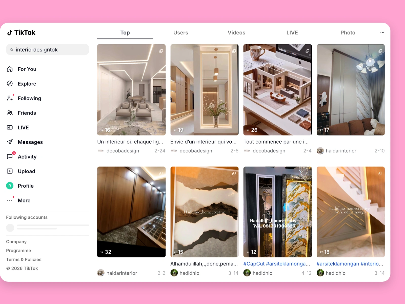 TikTok search results for interior design content