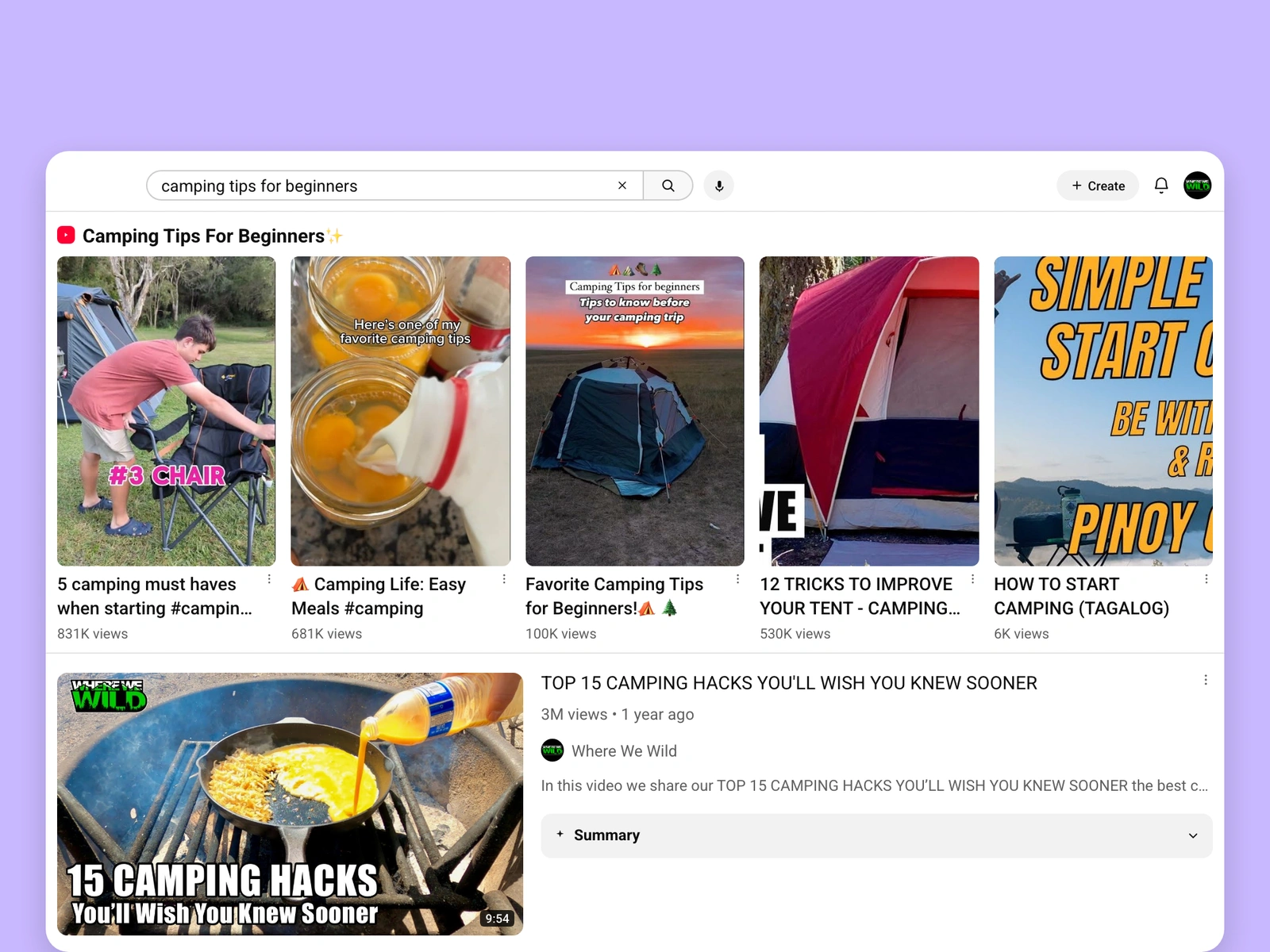YouTube search results for camping videos