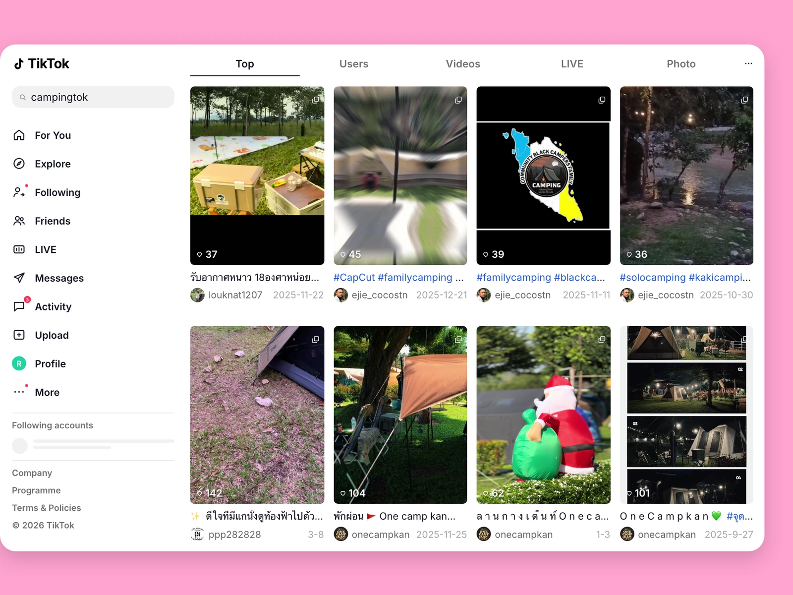 TikTok search results for camping content