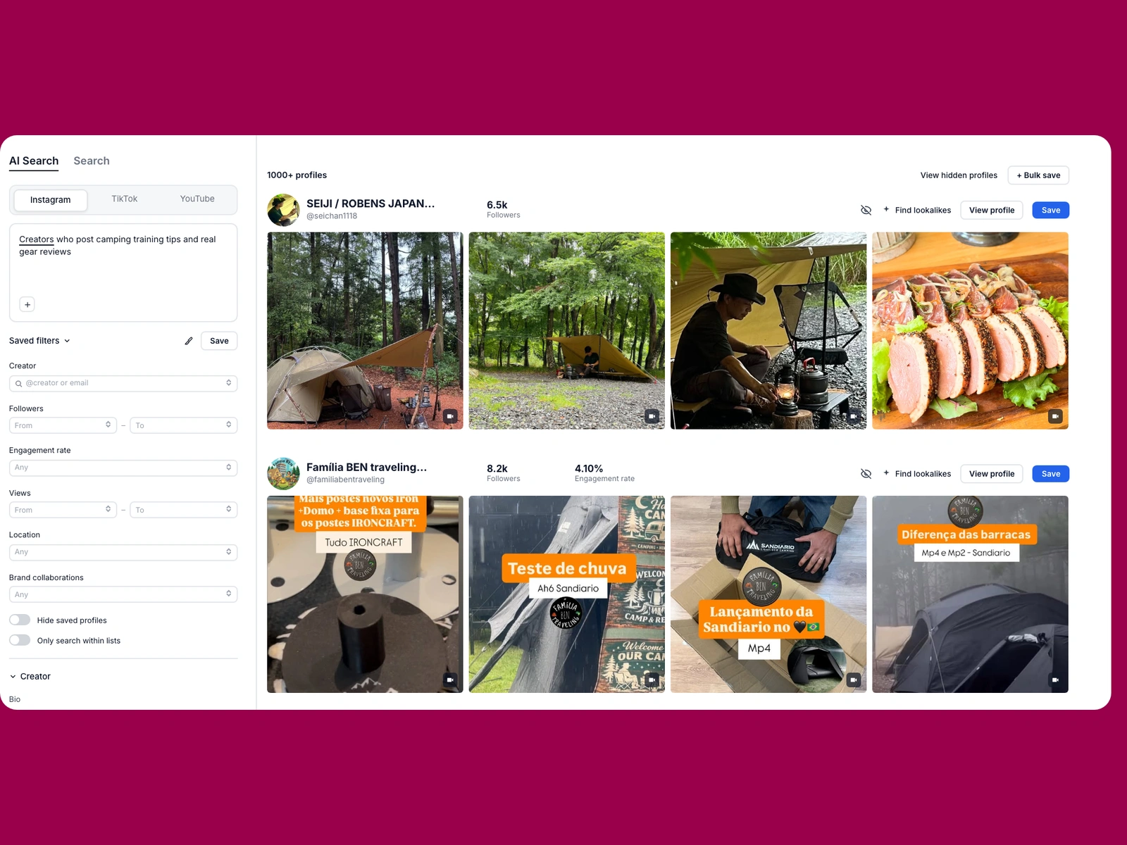 Modash AI search for camping creators