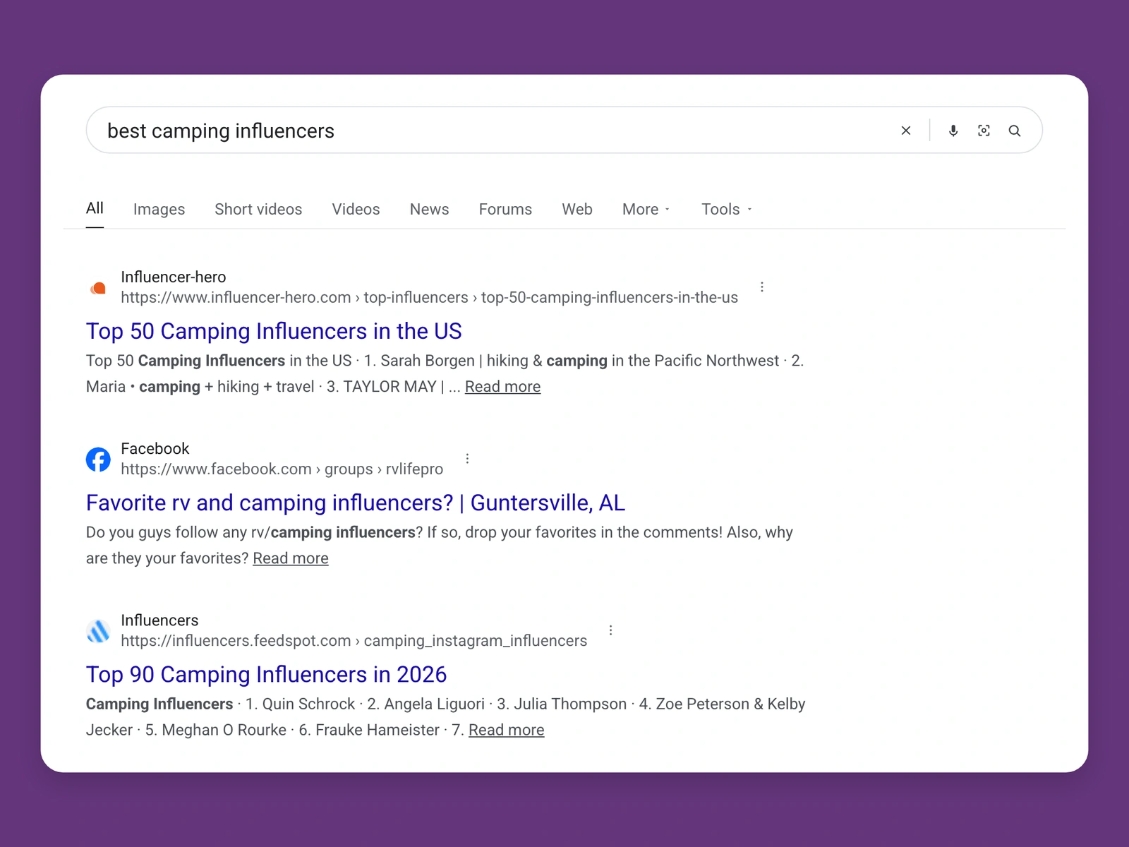 Google results for best camping bloggers
