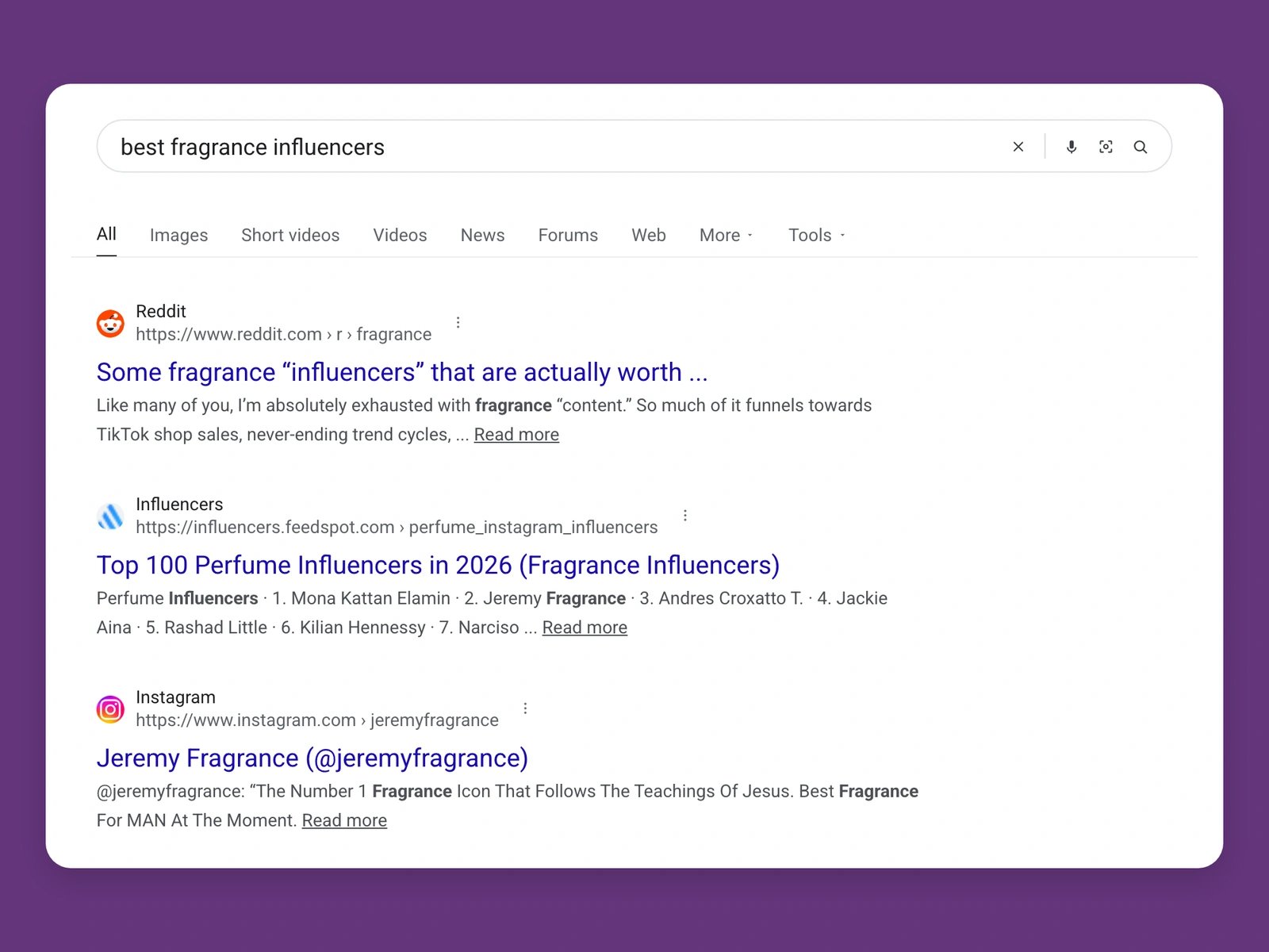 Google results for best fragrance bloggers