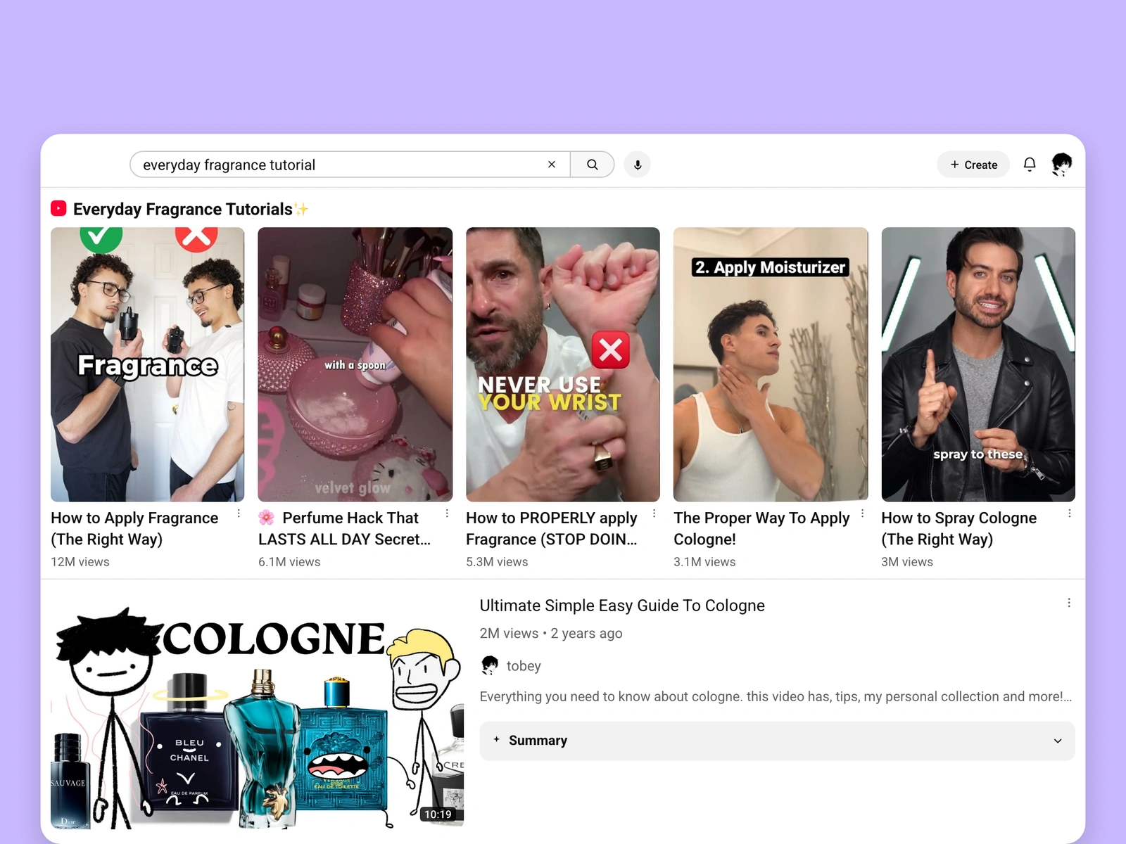 YouTube search results for fragrance videos