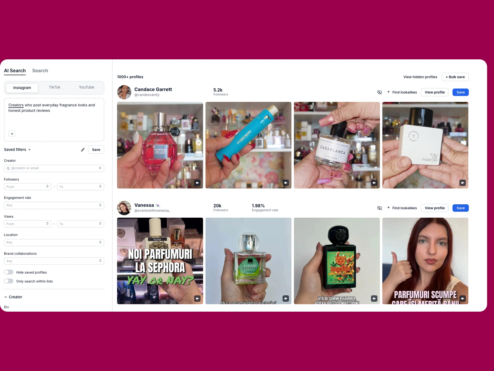Modash AI search for fragrance creators