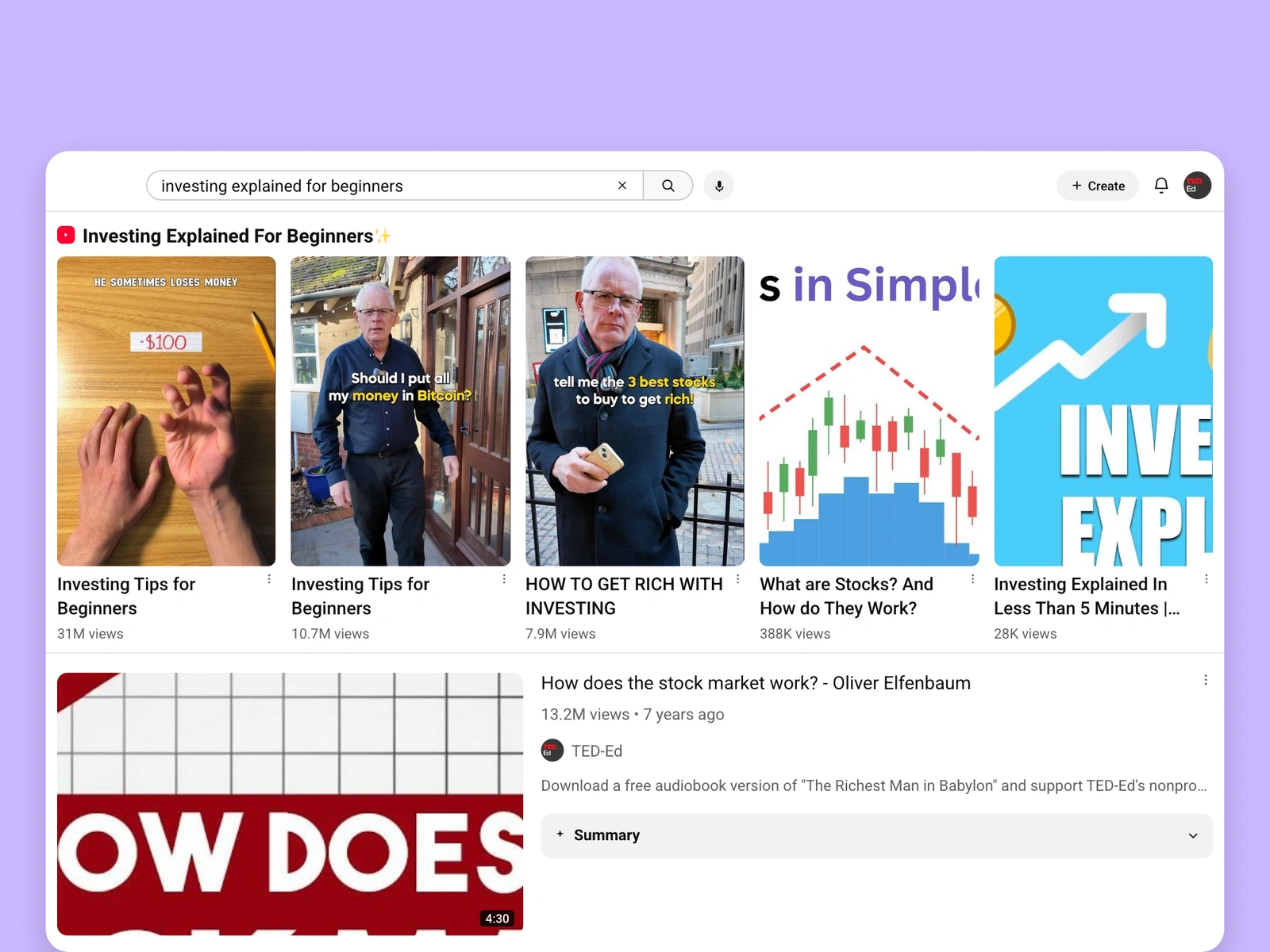 YouTube search results for investing videos