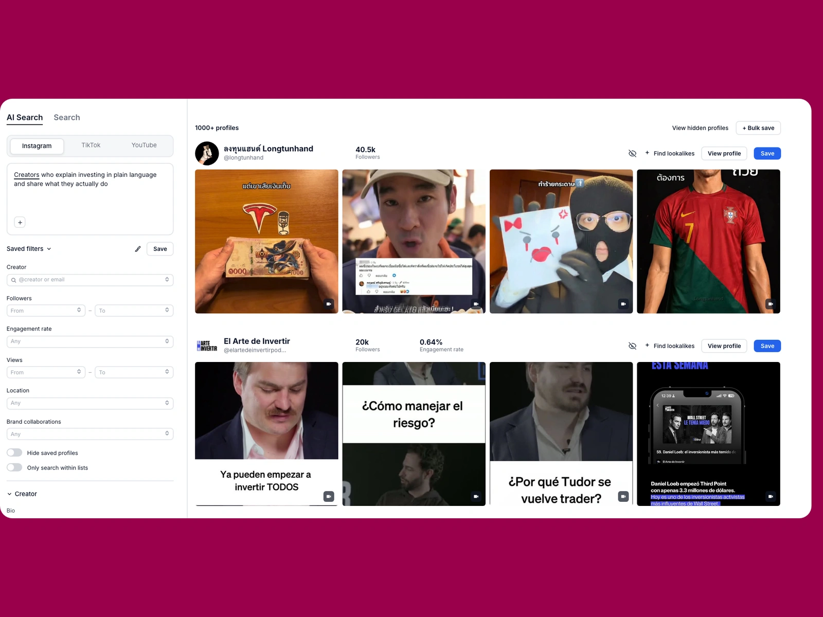 Modash AI search for investing creators